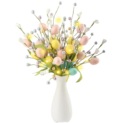 5 Pièces Piche d'oeufs de Pâques, 40cm/15,7 Pouce Arbre Pâques Deco, Pics de Branches d'arbre à œufs en Mousse et Plastique, Tiges Printemps Artificielles avec 1 Ruban Vert pour Balcon, Fenêtre, Salon