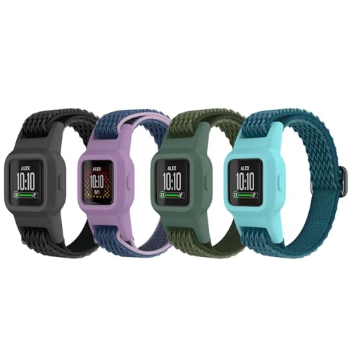 ESeekGo Elastic Bands Compatible with Garmin Vivofit Jr 3 for Kids, Colorful Nylon Stretchy Solo Loop Straps with Protective Case Adjustable Replacement Bands Accessories for Girls Boys