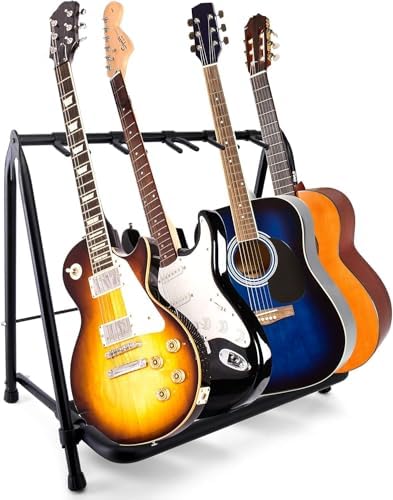 Pyle Multi Guitar Stand – 5-Slot Heavy-Duty Rack for Acoustic, Electric & Bass Guitars – Foldable & Sturdy– Ideal for Home, Studio & Stage