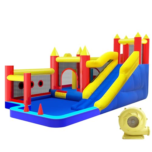 Bounce House,Inflatable Bouncer with Air Blower for Kids 3-10,Outdoor and Indoor Jumping Castle with Long Slide,Trampoline,Obstacles,Climbing Wall,Ball Pit/Water Pool
