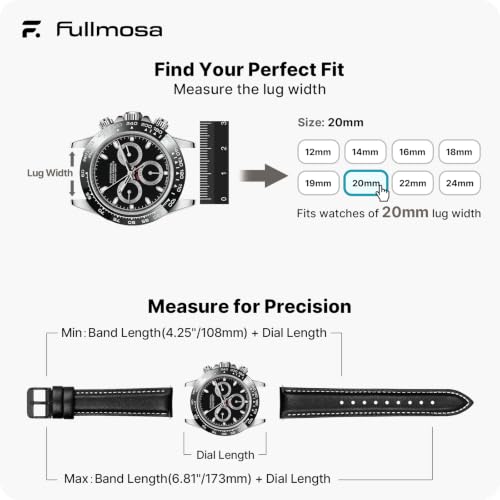 Image of 12 Colors for Quick Release Leather Watch Band, Fullmosa Axus Genuine Leather Watch Strap Women Men 14mm, 16mm, 18mm, 19mm, 20mm, 22mm or 24mm (choose the proper size), Black+black buckle, Classic