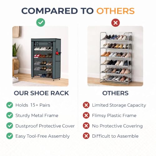 Image of Metal Shoe Stand with Cover, 5 Tier Shoe Organizer for Home & Office - Grey