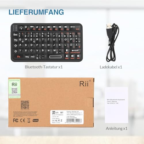 Rii Mini Bluetooth Tastatur, Tragbare Drahtlose mit Hintergrundbeleuchtung, Handflächengroß(11x6x1cm), Wiederaufladbare Mini Tastatur für Smart TV/Android TV Box/Smartphone/HTPC/IPTV 6
