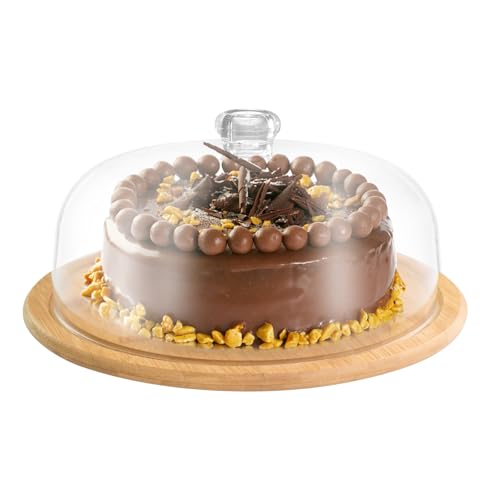 NAA - YIQXKOUY 11.4''*10.2"*7.5" Wooden Cake Stand with Glass Dome Cake Plate Multi-Functional Serving Platter Cake Plate for Cake Salad Dessert Snack Veggie Tray Multi-Purpose Use Shatterproof and Reusable