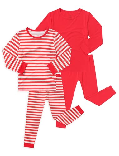 JunNeng Bamboo Viscose Pajamas for Toddler – Snug Fit Long Sleeve Striped Sleepwear for Boys & Girls 2 Sets, Red+Striped 2-3T