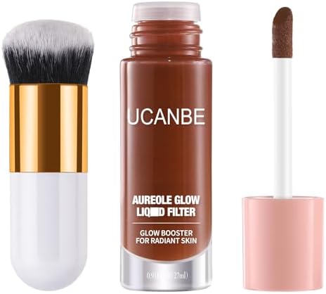 UCANBEMAKEUP Halo Glow Liquid Filter, Primer Complexion Radiance Booster for A Glowing, Soft-Focus Look, Vegan & Cruelty-Free, #07 TAN/DEEP with Brush