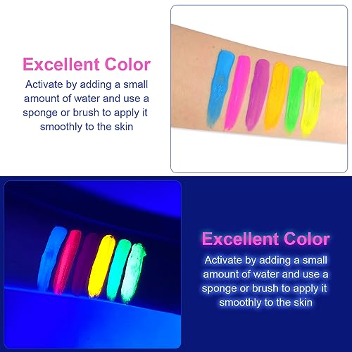 LOPHE Farba do twarzy, 6 kolorów, rozpuszczalny w wodzie, fluorescencyjny pigment do makijażu twarzy dla dorosłych i dzieci, farba do twarzy na bazie wody, świecąca w UV, materiały do malowania twarzy
