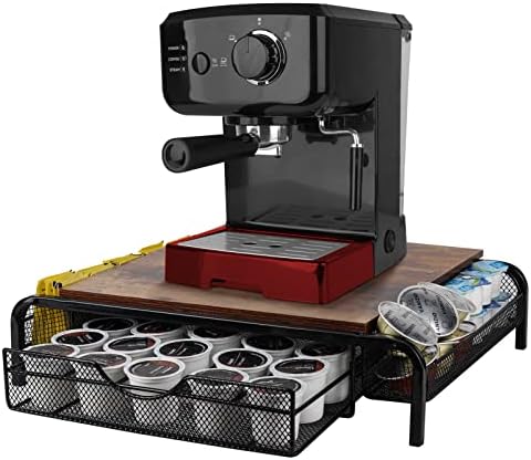 Lyeasw Rustic Coffee Pod Holder for K Cups, 30 Capacity Capsule Storage Drawer with Side Baskets Organizer for Coffee Station, Brown