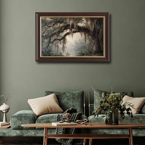 Image of Antique Framed Spanish Moss Oak Canvas Wall Art, Southern Forest Landscape Oil Painting Canvas Prints, Vintage Nature Wall Decor Pictures for Living Room Bedroom Bathroom