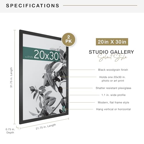 MCS Studio Gallery 20x30 Poster Frame Black Woodgrain, Vertical & Horizontal Wall Hanging Large Picture Frame for Photos, Posters & Art Prints (2-Pack)