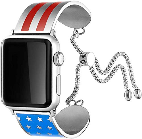 AsiaFly USA Flag Charm Bracelet Compatible with Apple Watch Cuff Band 40mm, Adjustable Classy Dressy Metal Jewelry Bangle American Flag Compatible with Apple Watch Series 5/4/3