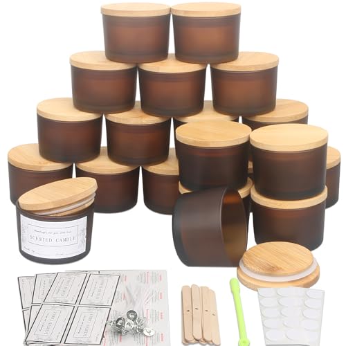 Milivixay Paquete de 20 tarros de vidrio ámbar esmerilado de 4 onzas con tapas, kits de fabricación de velas y tarros pequeños vacíos de boca ancha a granel