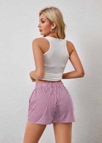 Image of Ythomm Womens Lounge Shorts Y2k Striped Print Elastic Waist Pajama Shorts Cute Boxers Bottoms With Pockets Comfy Sleepwear, X-Large, White-pink