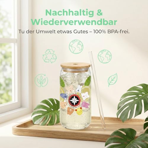 XIAZHDZ Korea Pop Merch 500 ml Glasbecher – Korea Pop Merch Fan Cup für STAYs | Glas mit Bambusdeckel & Glashalm Trinkbecher für Kaffee, Eistee & Bubble Tea