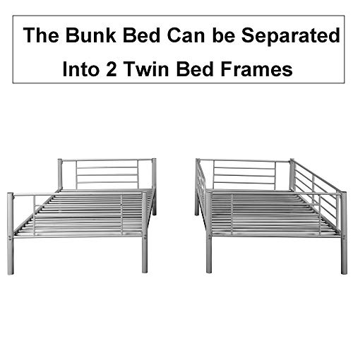 Steel Bunk Bed Twin Over Twin,JULYFOX Modern Metal Steel Bed Frame 550 lb Heavy Duty W/ Stairs Side Guard Rails 10.8 inch Storage No Box Spring Needed 2 Twin Bed Platform for Kids Teens Adults Silver