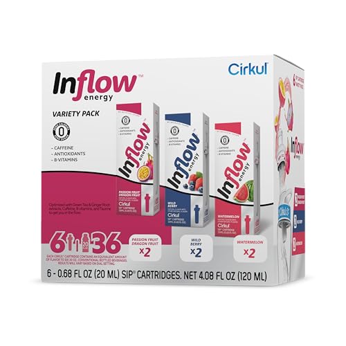 Cirkul Inflow Energy Caffeine Flavor Water Variety Pack, Makes 36 Drinks, No Sugar, Zero Calorie Drink Mix, (2 Passion Fruit Dragon Fruit, 2 Wild Berry, 2 Watermelon)