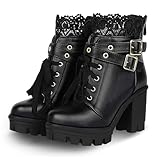 BEAUPAS Women's Chunky Platform High Heel Boots Lace Up Gothic Ankle Booties Block Heel Buckle Punk Shoes(Black/1,7)