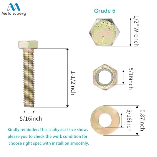 Image of 5 /16 inch x 1-1 /2 inch Hex Head Bolt by Color Galvanization with Nylon Lock nut and Large Size Washer Assortment Kit,Alloy Steel,Grade 5.(8pcs Pack),by Metalsuberg