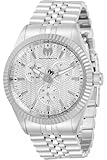 La TechnoMarine TM-719000 a un boîtier en acier inoxydable de 42 millimètres avec un cadran blanc.