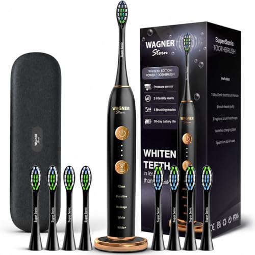 Wagner Stern Spazzolino elettrico serie WT8900 - Sensore di sbiancamento e pressione, 5 modalità, 3 intensità, 8 testine morbide, ricaricabile, custodia da viaggio inclusa