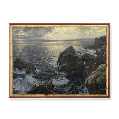 Vintage Seascape Painting, Antique Ocean Beach Poster, Rustic Coastal Art