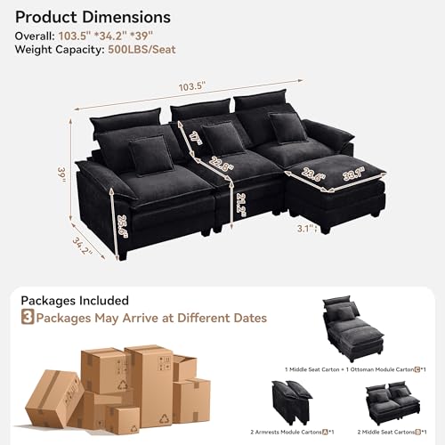 Image of 103'' Cloud Modern 3 Seater Couch with Detachable Headrest, Modular Sectional Sofa with Ottoman, Oversized L Shape Chenille Comfy Sofa with Armrests for Living Room, Dark Grey