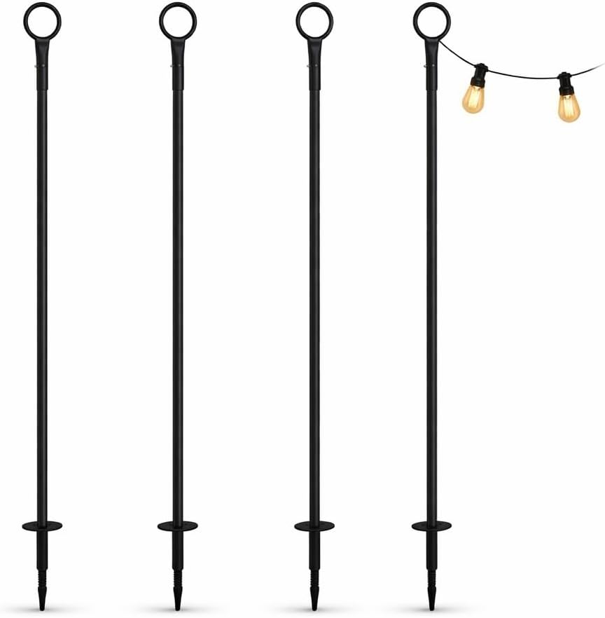 Simple Living Solutions 9FT Outdoor String Light Patio Pole - Heavy Duty Steel Light Pole for Backyard, Deck & Garden - Easy Install Ground Mount, Weather-Resistant, Black (4 Pack)