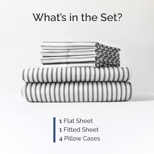 Image of Queen 6 Piece Bed Sheet Set - Breathable & Cooling Sheets - Grey Stripes | Ultra-Soft Hotel Luxury Bedding Set w / 8-16 Inch Deep Pockets, 1 Flat & 1 Fitted Sheet & 4 Pillowcases, Wrinkle & Fade Free