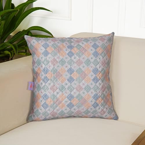 Image of STITCHNEST 'QuadraNest' Series Printed Quilted Velvet Cushion Cover 16x16 Inch Set of 2 | Premium Soft Fabric, Washable & Fade Resistant | Decorative Living Room Cushion Covers | Serene Pastel Check
