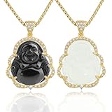 VIKCAUX 2 Pieces Lucky Buddha Necklace Bling Cubic Zirconia Buddah Pendant with 14K Gold Plated Chian Black & White Buddha Necklace Jewelry for Men Women