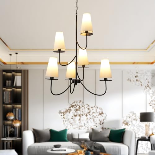 Aeyee Modern Chandeliers, Classic Multi-Layered Pendant Light Fixture, Height Adjustable, Farmhouse Chandelier, 6 Lights Elegant Pendant Light with Fabric Shade for Bedroom Living Room (Black) by Aeyee - Used condition - Image 9