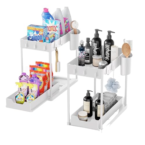 Image of Under Sink Organizers and Storage, Kitchen Bathroom Sink Organizer with Hooks, 2 Tier Under Sink Cabinet Basket Storage Shelf with Sliding Drawers (1, White)
