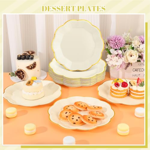 Image of NatNarr 30 Pcs Cream Paper Plates, 9 Inch Ivory Paper Plates with Gold Trim Scalloped White and Gold New Years Plate for New Year, Baby Shower, Wedding (Pack of 2)