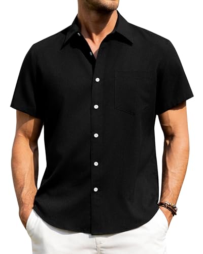 J.VER Black Linen Short Sleeve Shirt Mens Summer Fashion Beach Holiday Regular Fit Casual Button Down Shirt 2XL