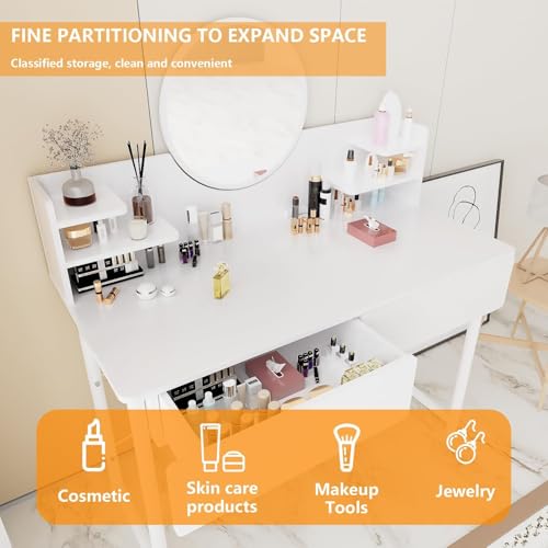 طاولة زينة للمكياج مع مرآة دائرية بدرجين كبيرين ومتعددة الوظائف ممزودة بمساحة تخزين كبيرة لغرفة النوم من زيريفام (مقاس 40 × 80 سم)