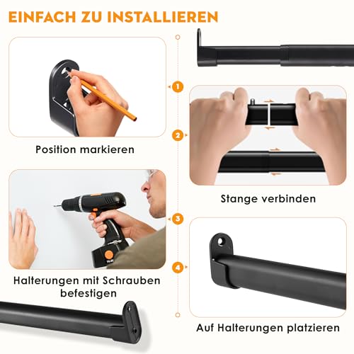 Kleiderstange für Schrank, Schwarz Oval, 25mm Garderobenstange Wand Ausziehbar mit 2 Halterung, für Kleiderschrank, Fenster,43-101cm