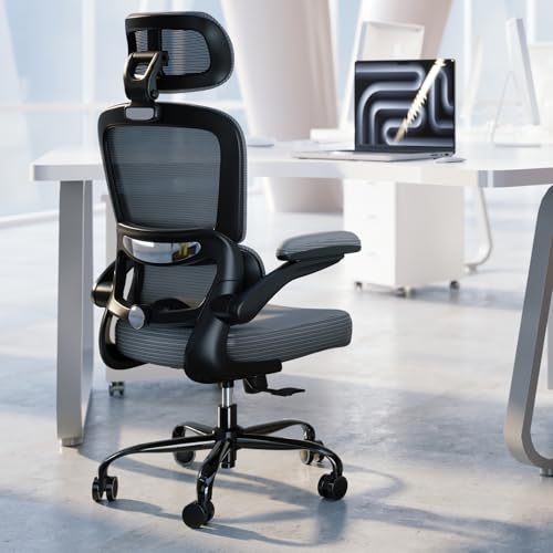 Image of TRALT Ergonomic Office Chair - Desk Chair with Adjustable Headrest Lumbar Support Computer Chair - Mesh Comfy Chair with Flip-up Armrests - Gaming Chairs for Adults Home Office (Leather, Dark Grey)
