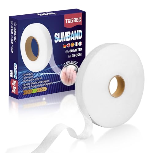 TOG BEG Saumband zum Aufbügeln 60 m x 2 cm, waschfestes Bügelband für Vorhänge, Gardinen, Hosen & Kleidung, Stoffband zum Kürzen ohne Nähen, weiß
