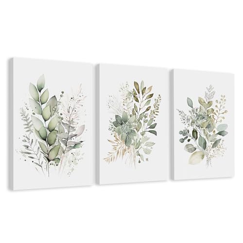 WRFON Conjunto de 3 telas botânicas de aguarela para parede, design boémio, verde sálvia, flores silvestres, decoração moderna de parede floral para quarto, sala de estar, casa de banho, decoração