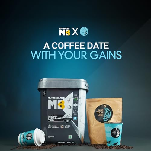 Image of MuscleBlaze Biozyme Performance Whey Protein Powder, Blue Tokai Coffee (4kg / 8.8lbs) & Micronised Creatine Monohydrate CreAMP Powder, Unflavoured (32 Servings, 100g) | Pack of 2