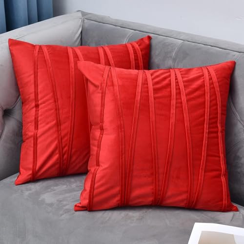 Image of Amazon Brand - Umi Decorative Striped Throw Pillow Covers 16 X 16 Inch,Soft Solid Velvet Pillow Covers Cushion Case with Zigzag Pattern for Sofa Bedroom 40 X 40 Cm (Pack of 2) Red