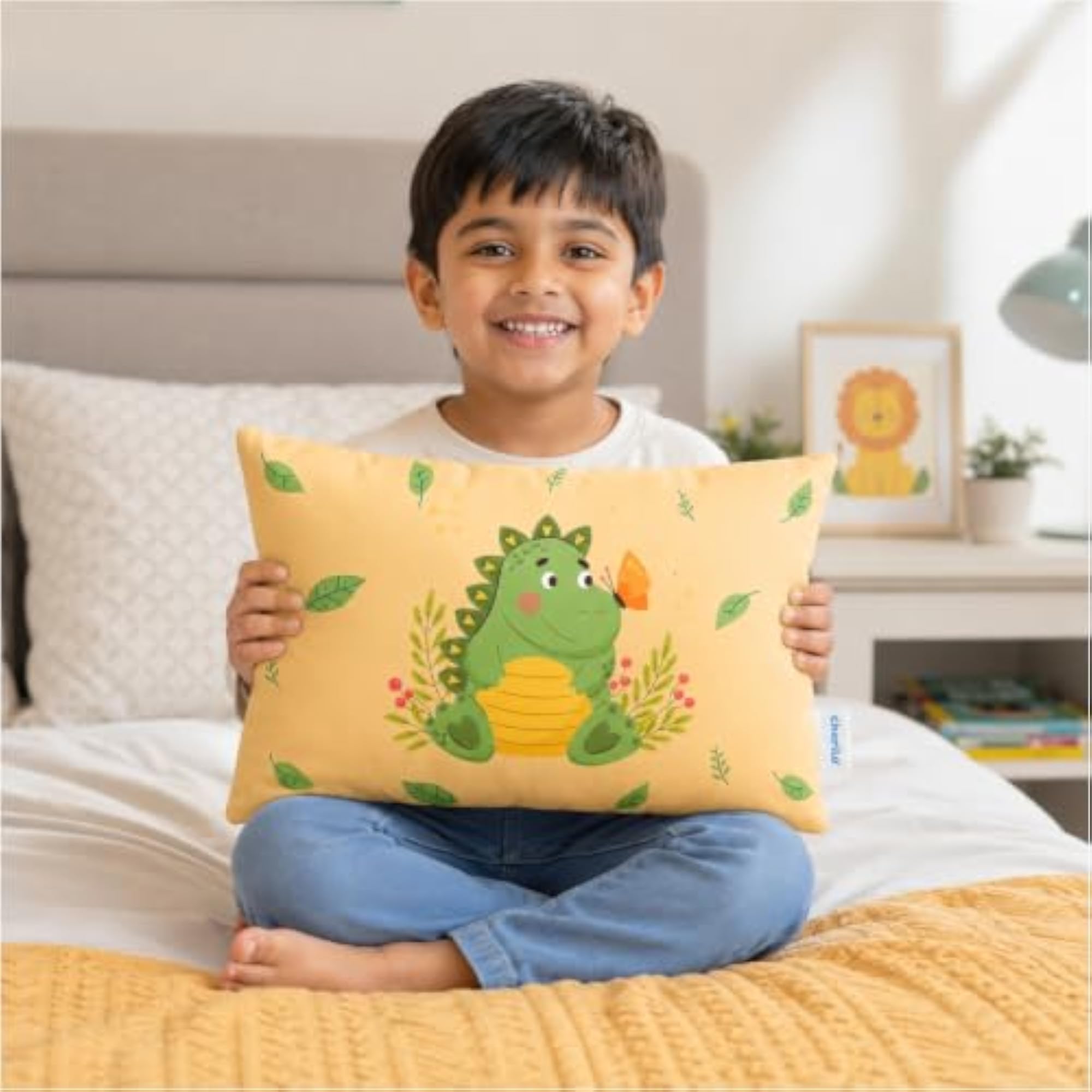 Kids Pillow with Dino Print, 12 x 18 Inch, Yellow