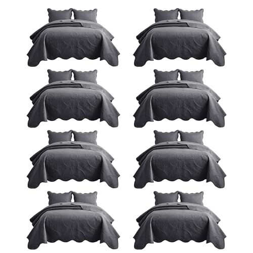 IR Imperial Rooms 8 Pack Quilt King Size Bedding (106" x 96") - Bulk Wholesale for Hotels, Guest Bedroom & Airbnbs - Lightweight Microfiber Reversible Floral Embossed Quilts Bedspreads (Charcoal)