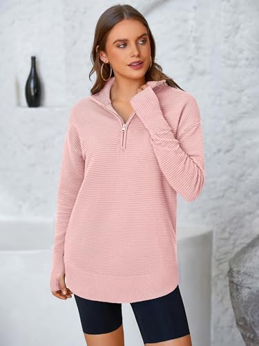 Image of PRETTYGARDEN Womens Long Sleeve Quarter Zip Pullover Sweater | Casual Loose V Neck Sweaters with Thumb Hole, Collared Ribbed Knit Jumper Tops, Oversized Tunic Tops, Fall Outfits 2026