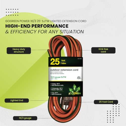Go Green Power Inc. 16/3 25ft Outdoor Extension Cord with Lighted End - Contractor Grade, Durable, and Moisture Resistant - Ideal for Heavy Duty Tools - GG-13725 image 5