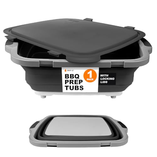 Drip EZ Collapsible BBQ Prep Tub (V2) - For Meal Prep Marinating Food Storage - Includes Cutting Board & Locking Lid - (1) OG - Black