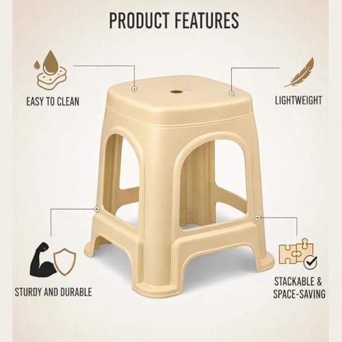 Image of PulGos Pack of 1 Beige Plastic Sitting Stool for Home, Office & Outdoor Use | Compact, Lightweight & Durable Stool for Adults & Kids | Use as Footrest, Side Table, Extra Seating for Living Room