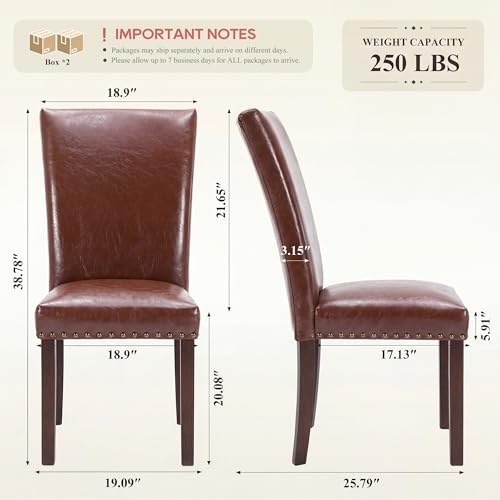Image of COLAMY Upholstered Parsons Dining Chairs Set of 4, PU Leather Dining Room Kitchen Side Chair with Nailhead Trim and Wood Legs - Light Brown