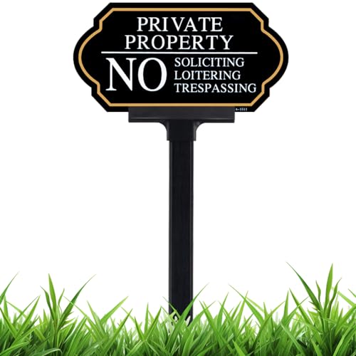 Private Property No Trespassing Sign with Stake, No Soliciting Sign for House 5x10 inch/35 inch High, for Front Door/Lawns/Gardens and Business