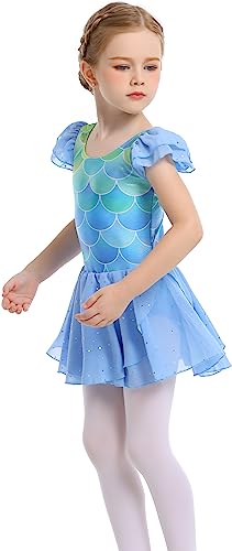 MdnMd Girls Ruffle Sleeve Dance Dress Leotards Blue Green Ballet Athletic Dress Outfit Tutu for Ballerina (G3-Blue, Age 6-8, Blue)